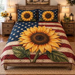 Patriotic Sunflower Flag Quilt Set, Gift for Sunflower and USA Decor Fans