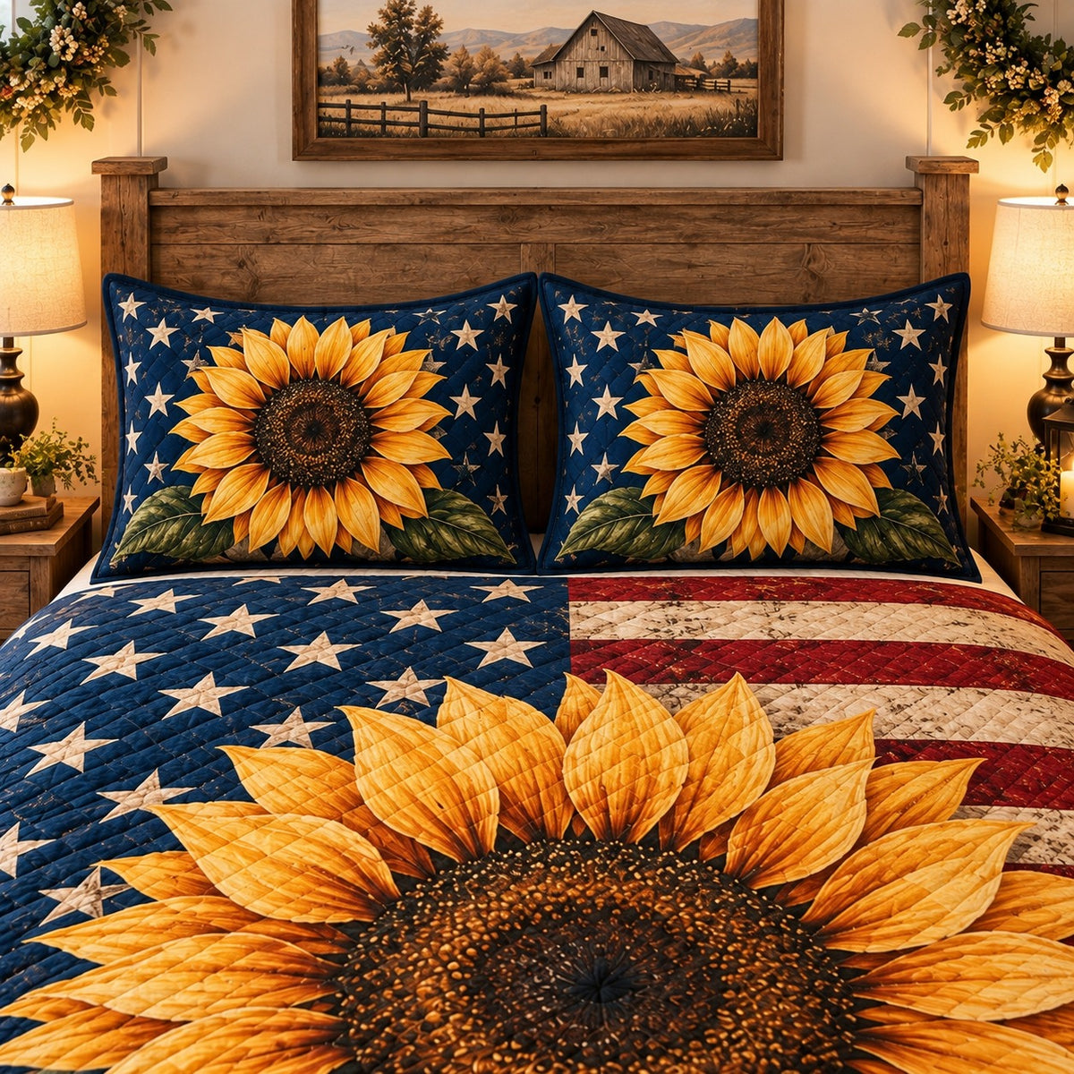 sunflower with an American flag motif quilt set, alternate view, AI-generated product mockup
