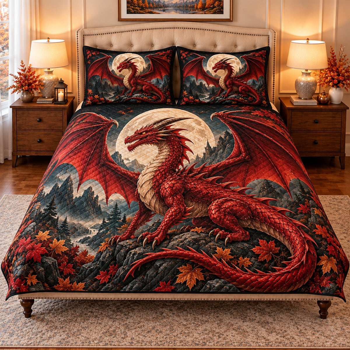 red dragon beneath a full moon quilt set, front view, AI-generated product mockup