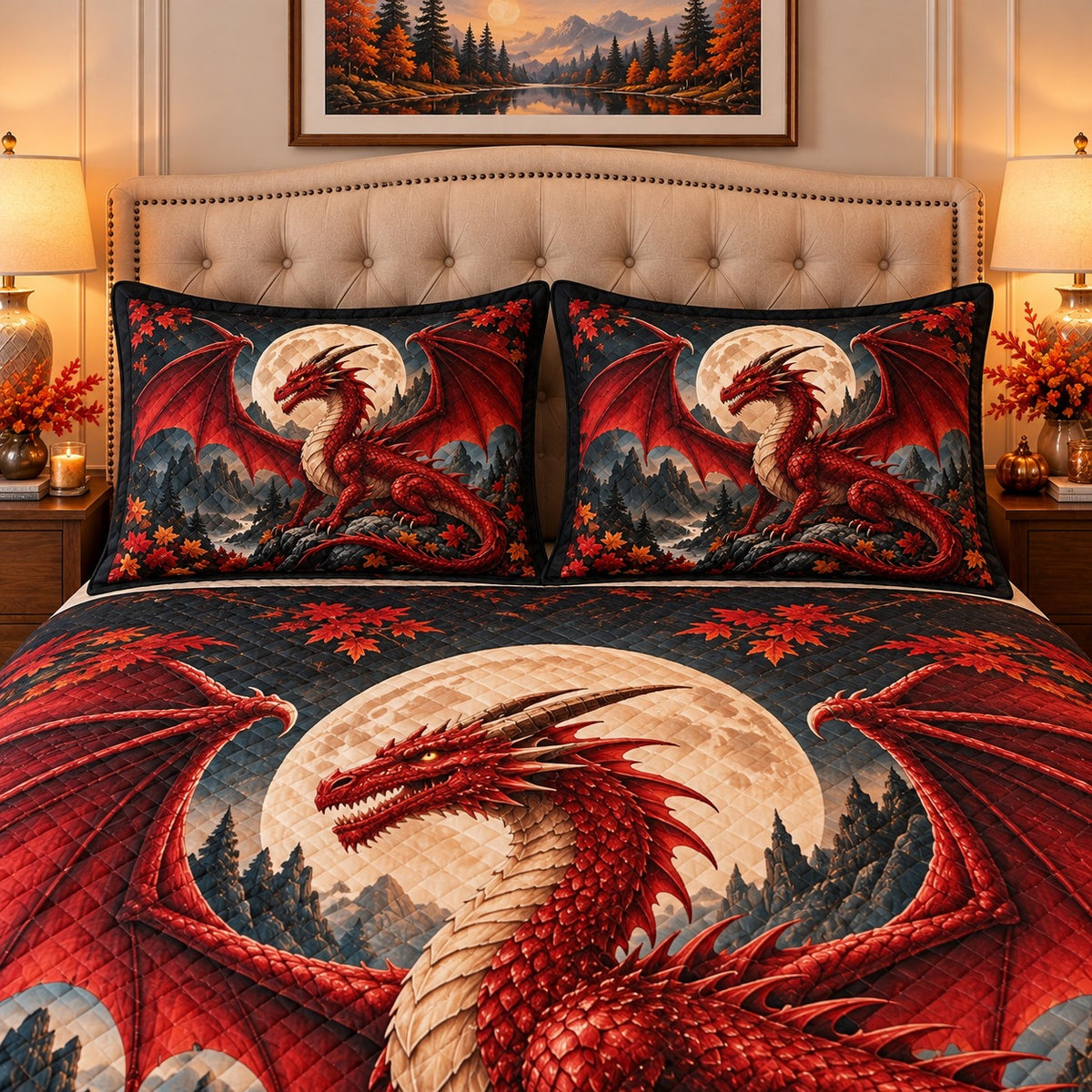 red dragon beneath a full moon quilt set, alternate view, AI-generated product mockup