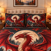 red dragon beneath a full moon quilt set, alternate view, AI-generated product mockup