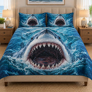 great white shark rising through ocean waves quilt set, front view, AI-generated product mockup