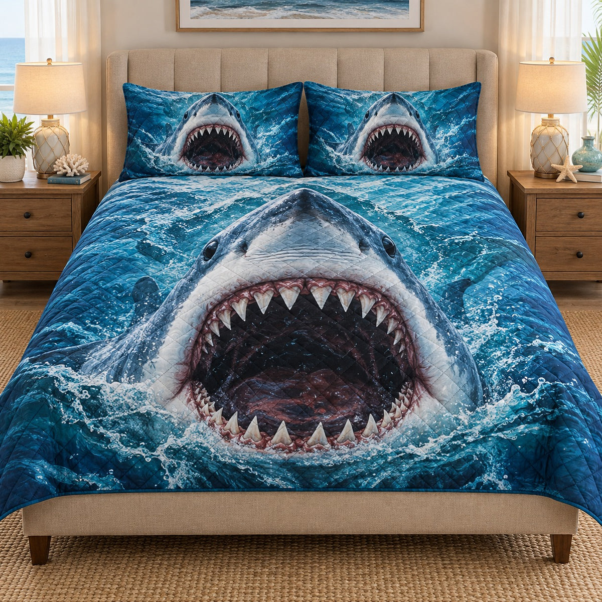 great white shark rising through ocean waves quilt set, front view, AI-generated product mockup