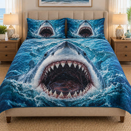 Great White Shark Quilt Set, Ocean Bedding Gift for Shark Lovers