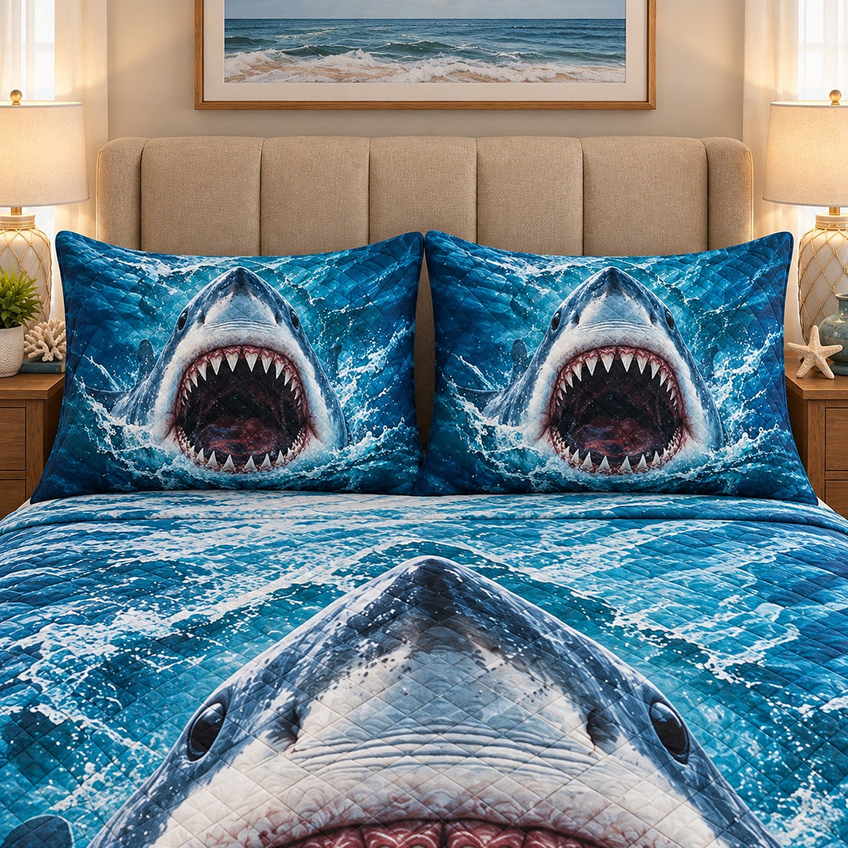 great white shark rising through ocean waves quilt set, alternate view, AI-generated product mockup