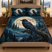 raven in a moonlit pine forest quilt set, front view, AI-generated product mockup