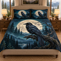 Raven Moon Forest Quilt Set, Gothic Nature Gift for Raven Lovers