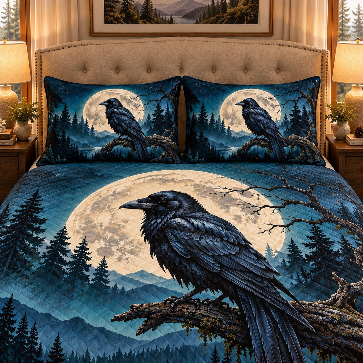 raven in a moonlit pine forest quilt set, alternate view, AI-generated product mockup