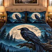 raven in a moonlit pine forest quilt set, alternate view, AI-generated product mockup