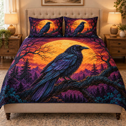 Colorful Raven Sunset Quilt Set, Mystical Bedding Gift for Raven Lovers