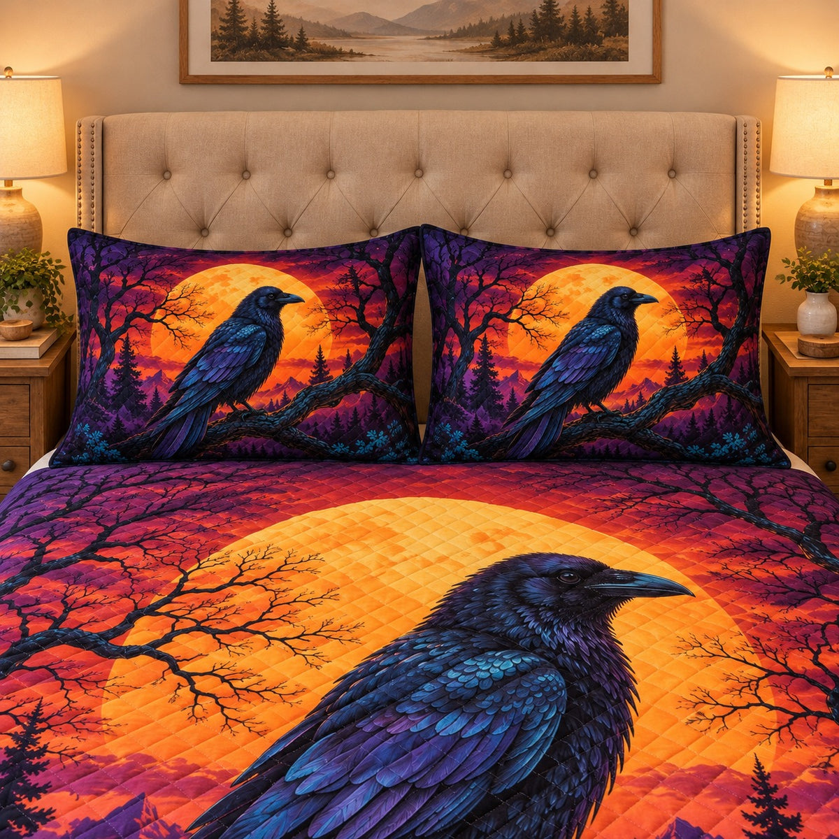 colorful raven at sunset quilt set, alternate view, AI-generated product mockup