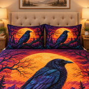 colorful raven at sunset quilt set, alternate view, AI-generated product mockup