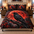Red Moon Raven Quilt Set, Dark Gothic Bedding Gift for Raven Lovers