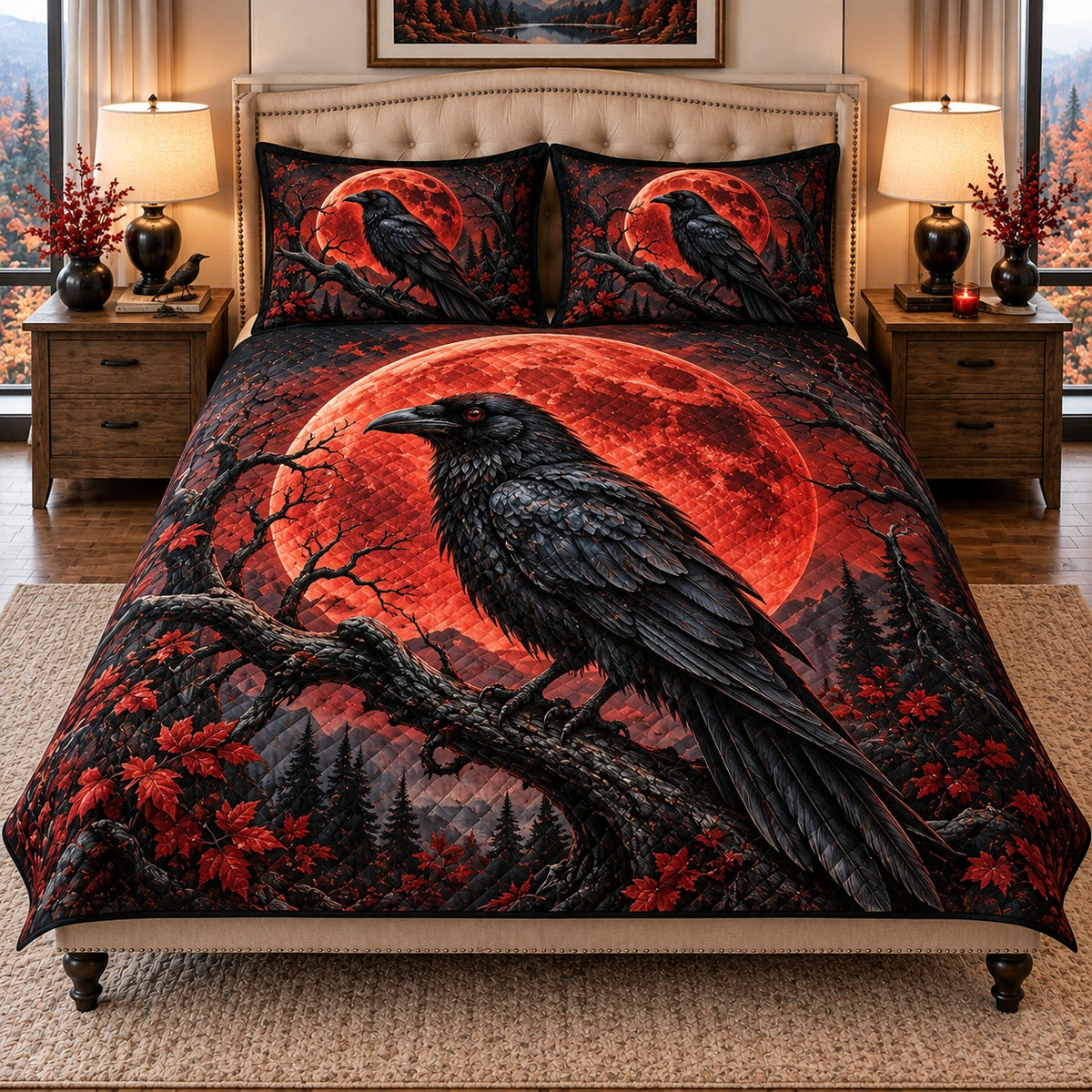 black raven beneath a red moon quilt set, front view, AI-generated product mockup