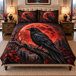 Red Moon Raven Quilt Set, Dark Gothic Bedding Gift for Raven Lovers
