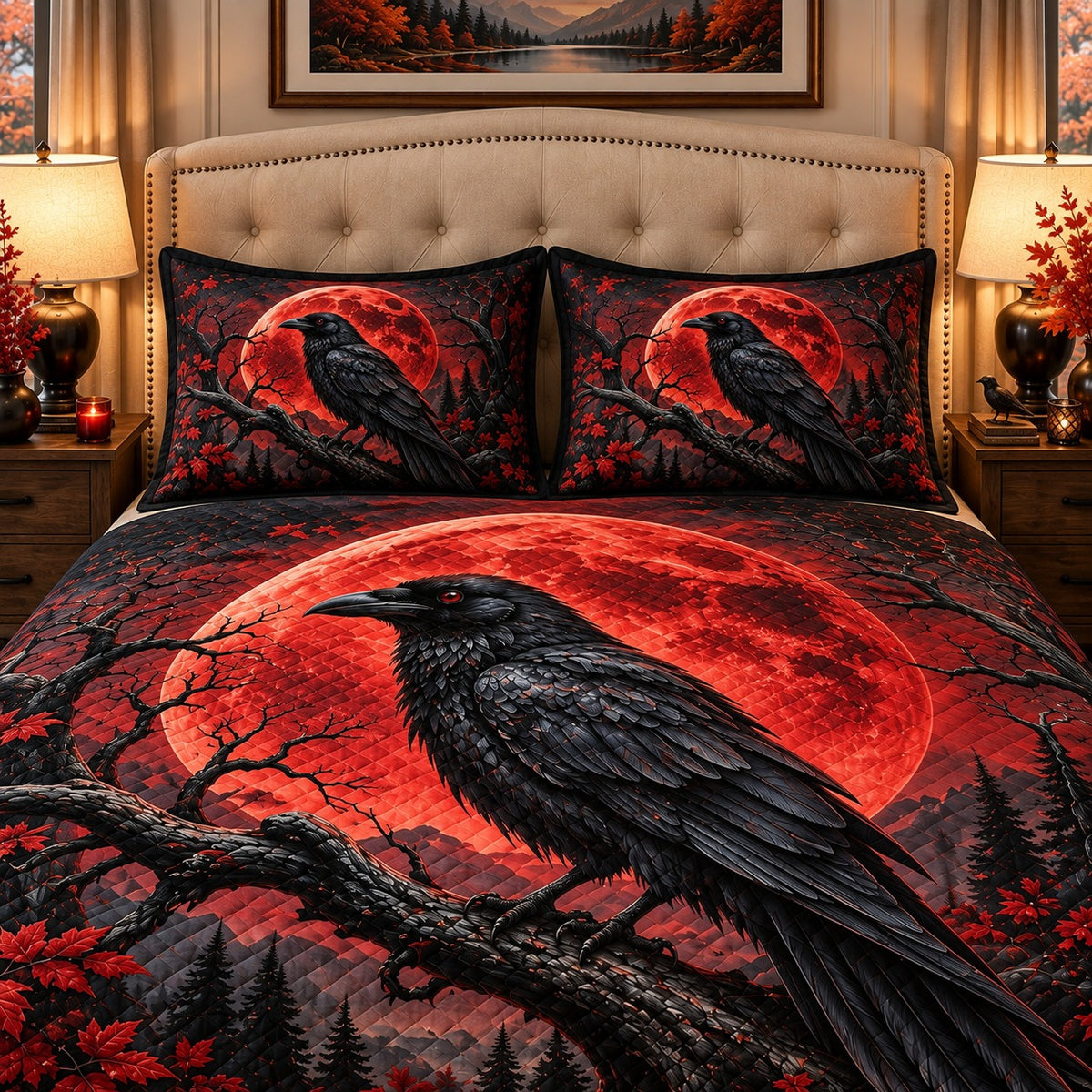 black raven beneath a red moon quilt set, alternate view, AI-generated product mockup