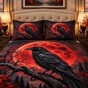 black raven beneath a red moon quilt set, alternate view, AI-generated product mockup
