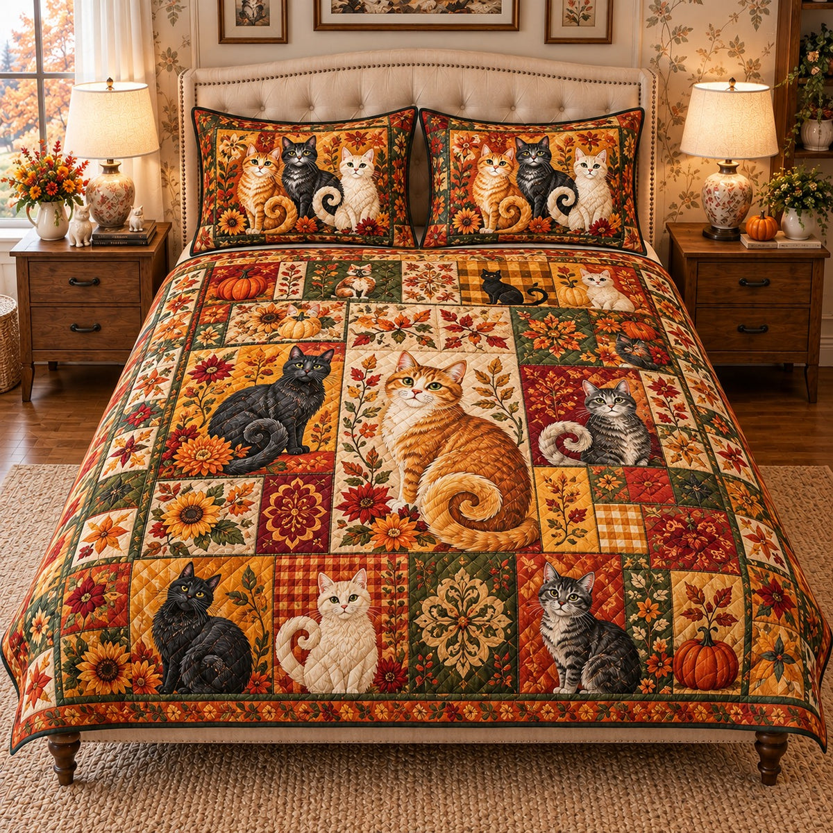 patchwork collection of cats quilt set, front view, AI-generated product mockup