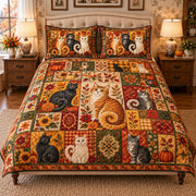 patchwork collection of cats quilt set, front view, AI-generated product mockup