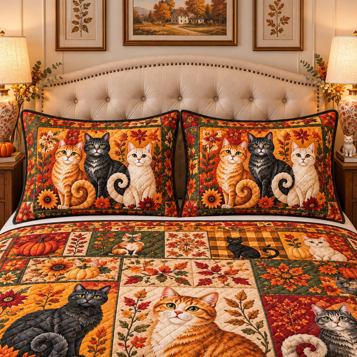 patchwork collection of cats quilt set, alternate view, AI-generated product mockup