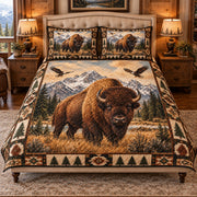 bison in a mountain prairie quilt set, front view, AI-generated product mockup