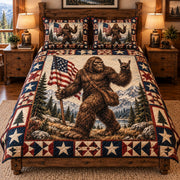 Bigfoot with an American flag quilt set, front view, AI-generated product mockup
