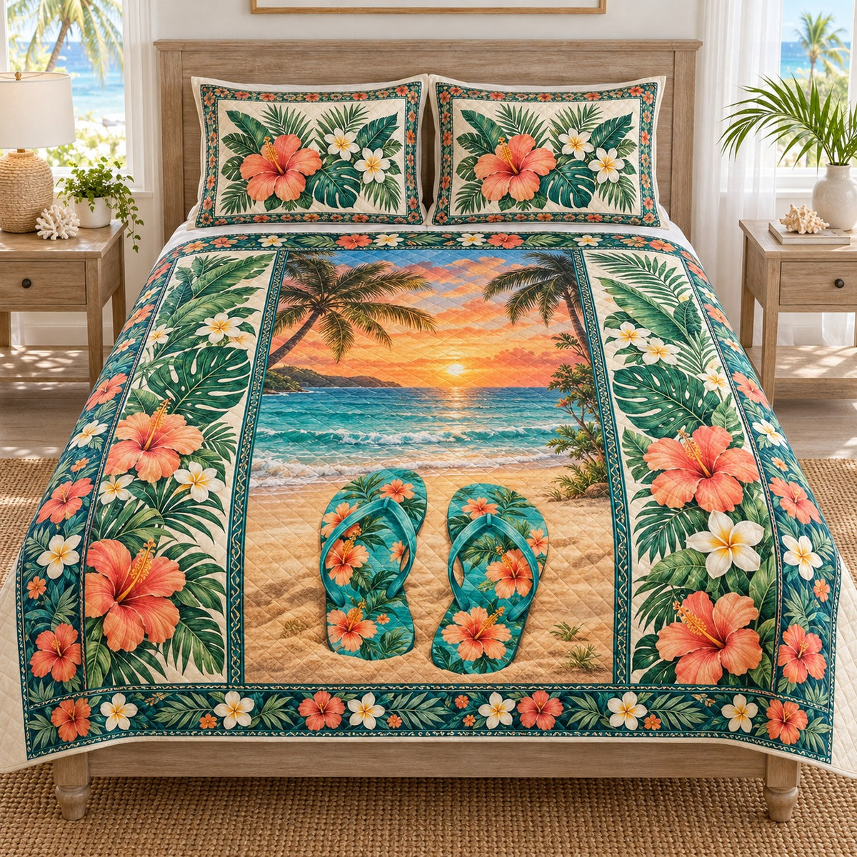 tropical beach with floral flip flops quilt set, front view, AI-generated product mockup