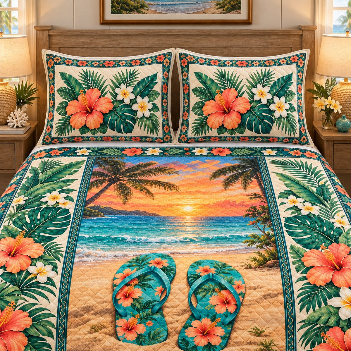 tropical beach with floral flip flops quilt set, alternate view, AI-generated product mockup