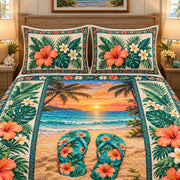 tropical beach with floral flip flops quilt set, alternate view, AI-generated product mockup