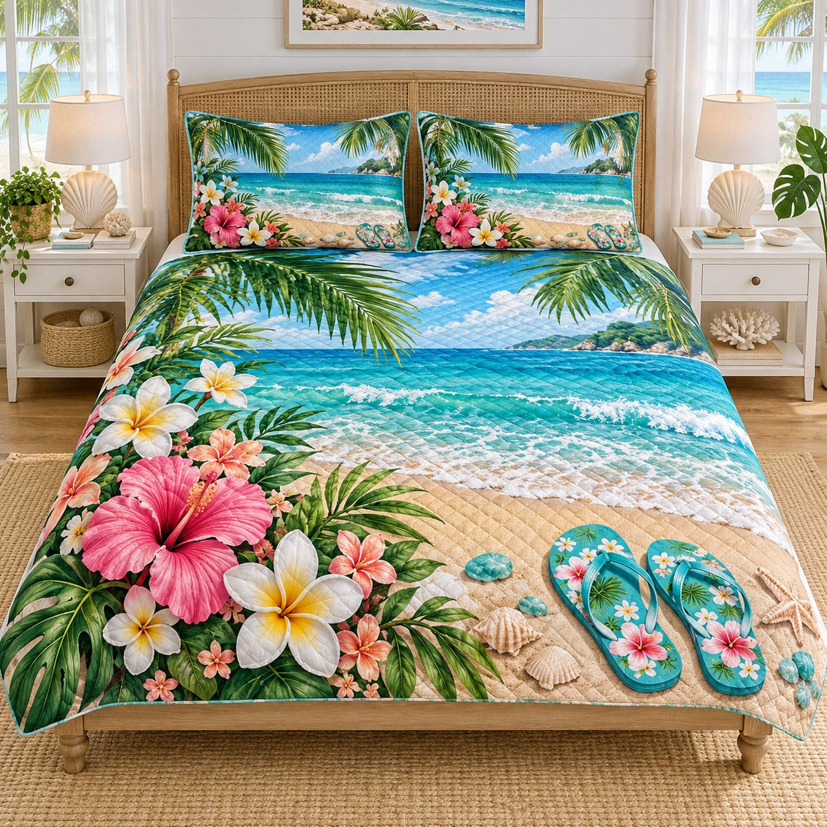 hibiscus beach scene with flip flops quilt set, front view, AI-generated product mockup