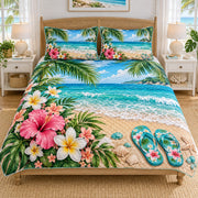 hibiscus beach scene with flip flops quilt set, front view, AI-generated product mockup