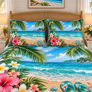 hibiscus beach scene with flip flops quilt set, alternate view, AI-generated product mockup