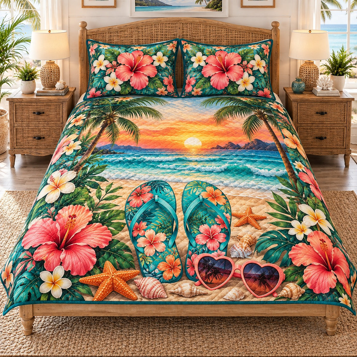 sunset beach with tropical flowers and flip flops quilt set, front view, AI-generated product mockup