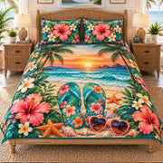 sunset beach with tropical flowers and flip flops quilt set, front view, AI-generated product mockup
