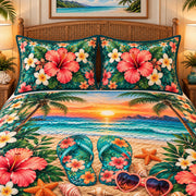 sunset beach with tropical flowers and flip flops quilt set, alternate view, AI-generated product mockup