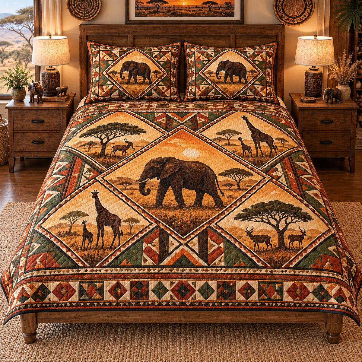 savanna wildlife silhouettes quilt set, front view, AI-generated product mockup