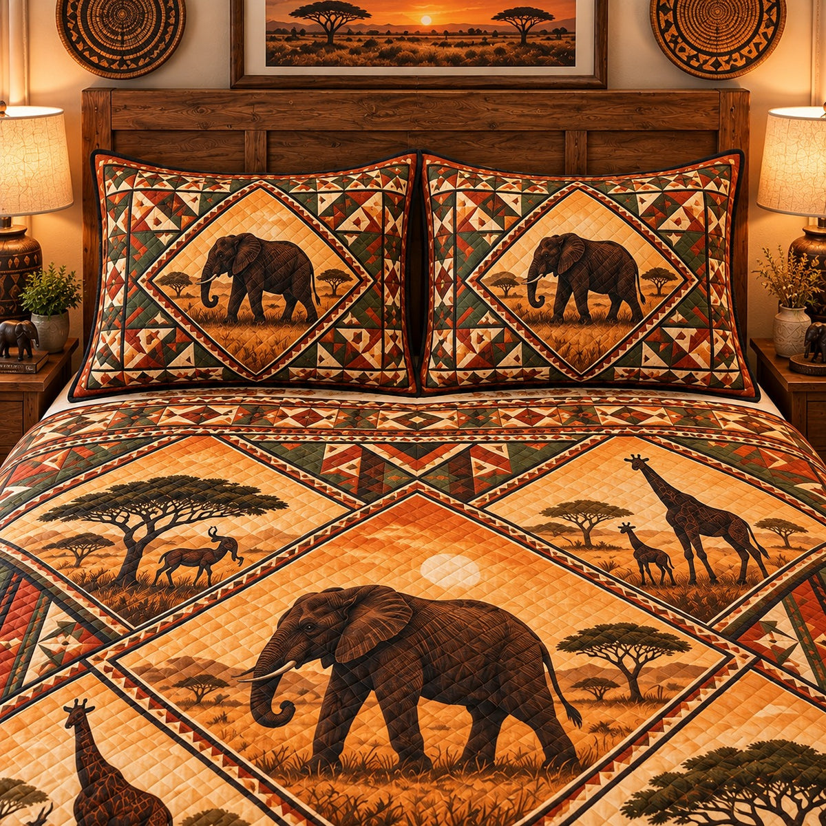 savanna wildlife silhouettes quilt set, alternate view, AI-generated product mockup