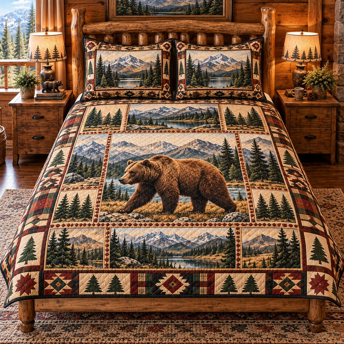 brown bear in a mountain forest quilt set, front view, AI-generated product mockup
