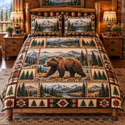 brown bear in a mountain forest quilt set, front view, AI-generated product mockup
