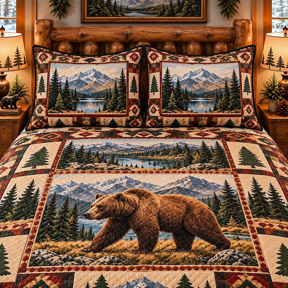 brown bear in a mountain forest quilt set, alternate view, AI-generated product mockup