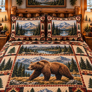 brown bear in a mountain forest quilt set, alternate view, AI-generated product mockup