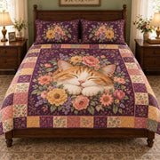 sleeping cat surrounded by flowers quilt set, front view, AI-generated product mockup