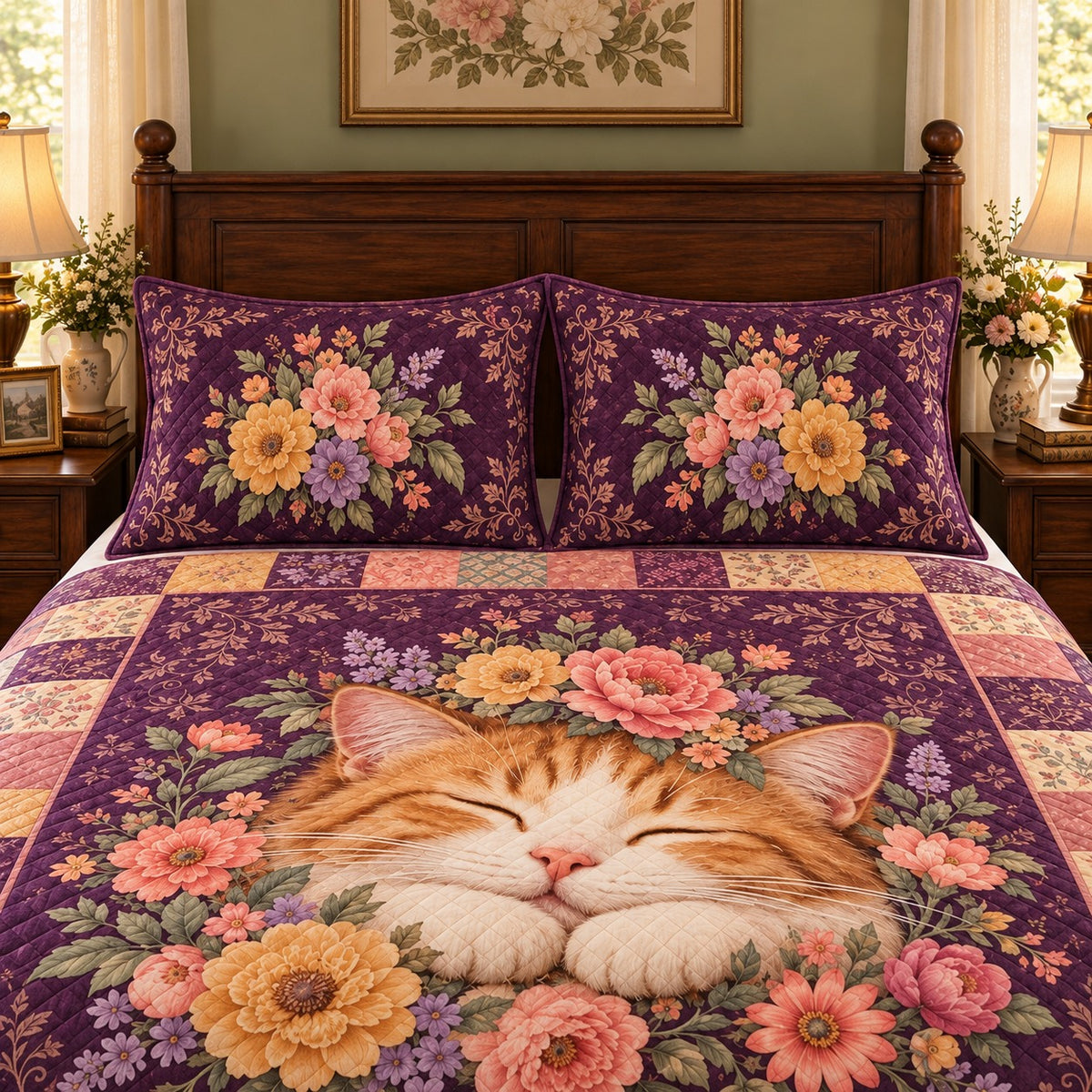 sleeping cat surrounded by flowers quilt set, alternate view, AI-generated product mockup