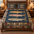 Trout Fishing Quilt Set, Rustic Cabin Bedding Gift for Anglers