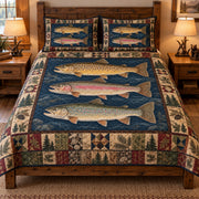trout fishing display quilt set, front view, AI-generated product mockup