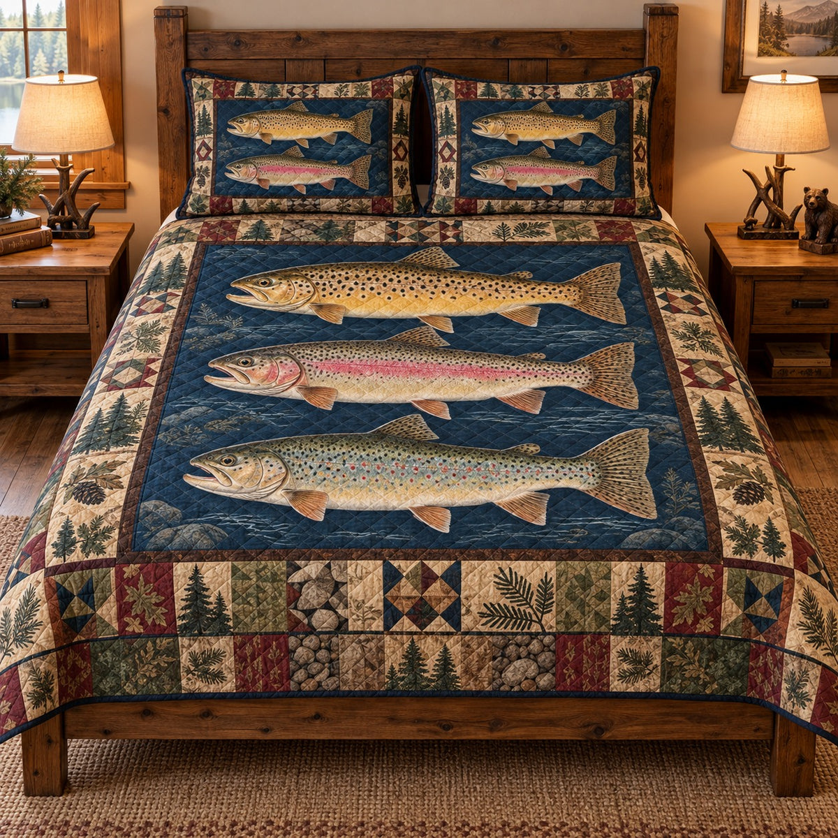 trout fishing display quilt set, front view, AI-generated product mockup