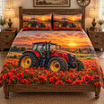 Red Tractor Poppy Field Quilt Set, Farmhouse Gift for Farmers and Poppy Lovers