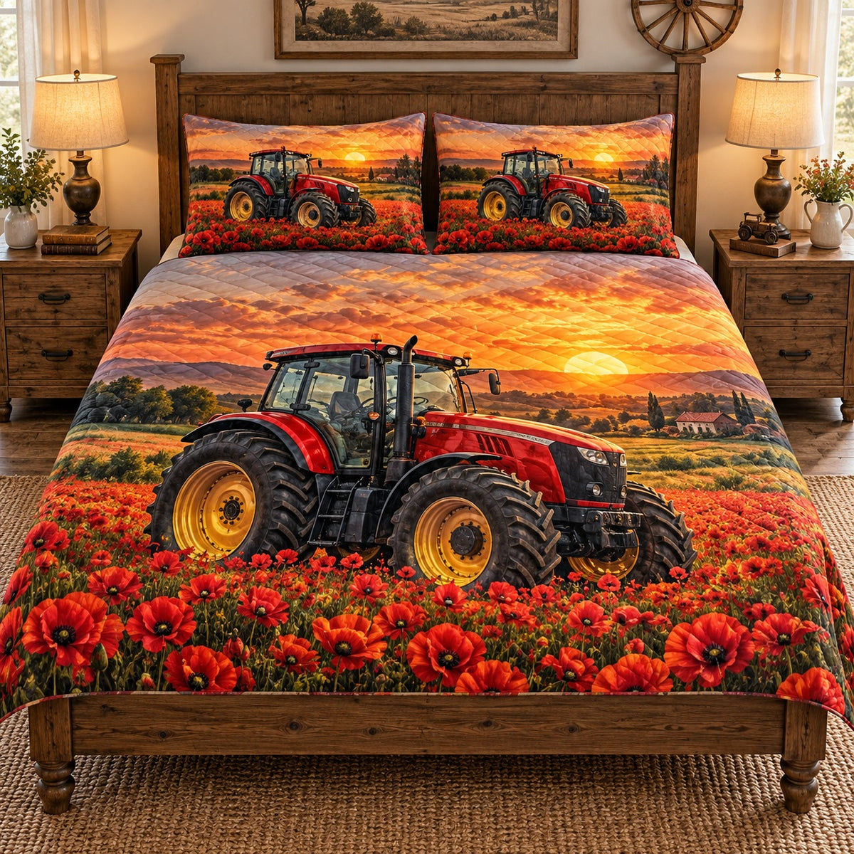 red tractor in a poppy field quilt set, front view, AI-generated product mockup