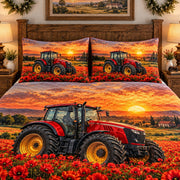 red tractor in a poppy field quilt set, alternate view, AI-generated product mockup