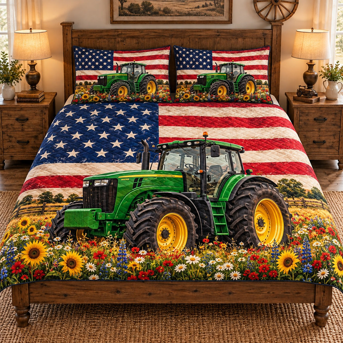 green tractor with an American flag quilt set, front view, AI-generated product mockup